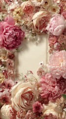 Elegant Floral Frame with Pink Roses and Peonies Surrounding Blank Vintage Card
