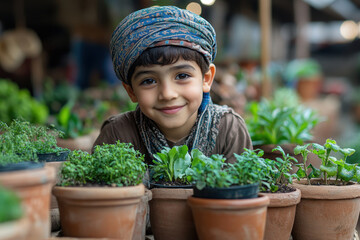 Young boy smiles in a garden.