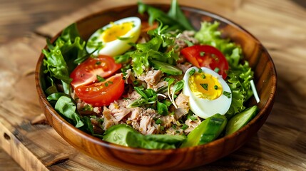Close up of a tuna salad with eggs tomatoes and cucumbers in a wooden bowl on a wooden surface