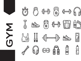 Obraz premium Gym Equipment and Fitness Icons Set for Workout and Exercise Routine Planning