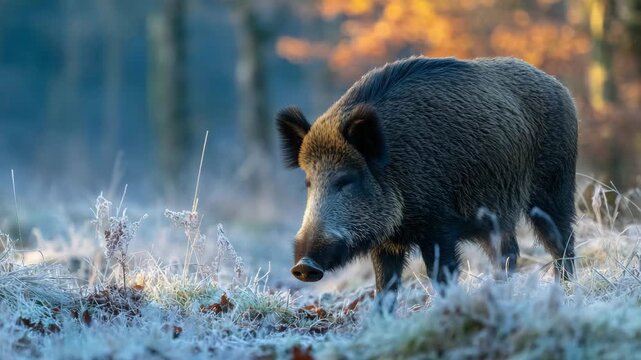 Wild boar foraging in frosty forest grass during cold early morning light