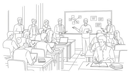 Diverse group of people in a business meeting, presentation, and discussion