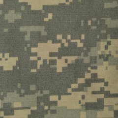 Universal camouflage pattern army combat uniform digital camo, natural vertical USA military ACU ripstop fabric background macro closeup, foliage green, desert sand tan, urban taupe grey NYCO swatch