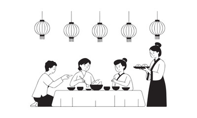 Four smiling people enjoy a traditional communal meal under decorative hanging lanterns in this outline illustration