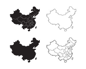 Four black and white map outlines show China with and without its internal provincial borders