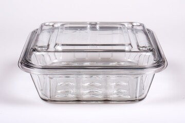 A clear, square, plastic container with a hinged lid, slightly tilted against a white background