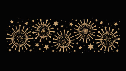 Gold Fireworks and Stars on Black Background, Celebration Illustration