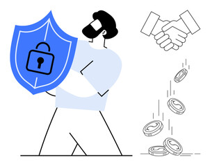 Cybersecurity, financial safety, trust, online transactions, secure connections, business ethics. A person holding a shield with a lock, handshake and coins. Cybersecurity and financial safety