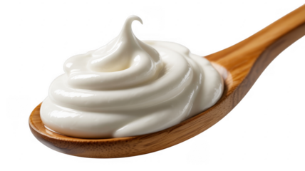 Wooden spoon with a dollop of white yogurt creamy isolated on a transparent background
