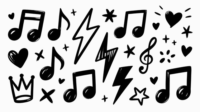 Black and White Music Notes and Symbols with Hearts and Stars