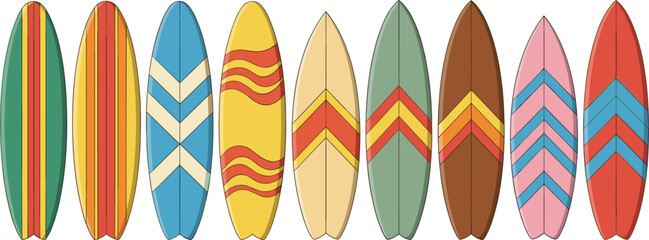 Colorful surfboard collection with different patterns and shapes isolated on white, summer beach surfing sport vector illustration