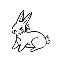 Cute hand drawn bunny with bow and rosy cheeks, lying on four paws. Minimal doodle rabbit illustration in line art style for kids design, nursery decor, stickers, stationery, cozy branding and storyte