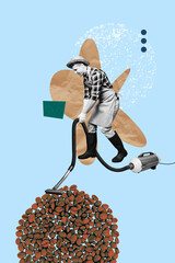 3d banner image pop contemporary photo collage of happy agriculture man cleaning coffee grain...