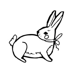 Cute hand drawn bunny with bow and rosy cheeks, standing and looking back over shoulder. Gentle doodle rabbit illustration in line art style for kids design, nursery decor, stickers, stationery and co