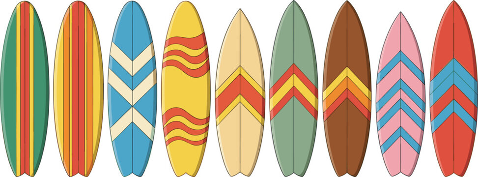 Colorful surfboard collection with different patterns and shapes isolated on white, summer beach surfing sport vector illustration