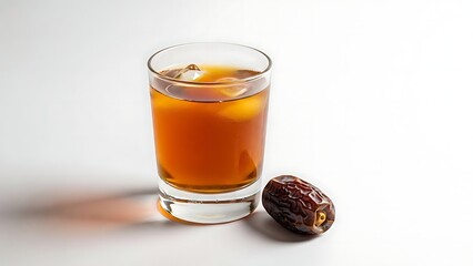 Fototapeta premium Glass of Iced Tea with a Date Fruit on a White Surface beverage drink