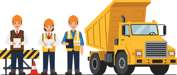 Construction workers standing near yellow dump truck with safety barriers, roadwork and heavy machinery cartoon vector illustration © Shabita