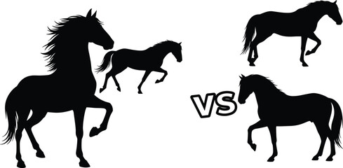 Horse silhouette comparison illustration, dynamic running and standing poses versus concept, equine motion analysis, power, strength, speed, competition and animal movement artwork