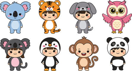 Cute cartoon animal characters set including koala tiger dog owl panda and monkey, kawaii children vector illustration © Shabita