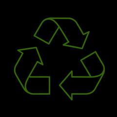 Dark green recycling symbol outline clean black background, isolated eco-friendly