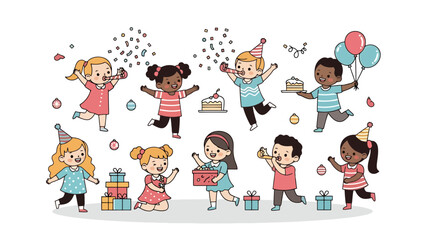 Group of Children Playing with Balloons and Bubbles at Birthday Celebration