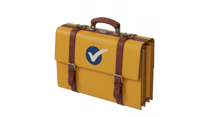 Yellow briefcase with a checkmark business office isolated on a transparent background