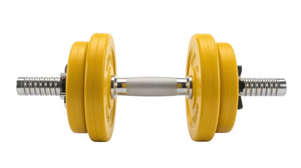 Obraz premium Yellow dumbbell with silver handle and weights fitness isolated on a transparent background