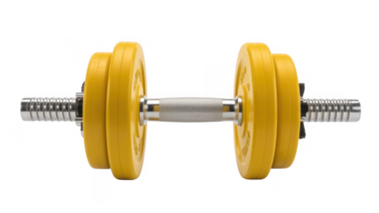Yellow dumbbell with silver handle and weights fitness isolated on a transparent background