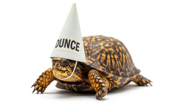 turtle wearing a dunce cap hat, dim, dumb, stupid, on a white background, animal photo