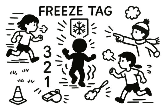 Freeze Tag Doodle. Freeze tag. Hand-drawn doodle illustration freeze tag frozen pose silhouette, ice crystal symbol, children mid-run, tagger pointing, motion