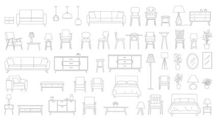 Comprehensive Vector Set of Architectural Furniture Symbols: Top View and Front View Outlines of Sofas, Chairs, Tables, Beds, and Cabinets for Floor Plans and Interior Design 