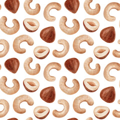 Seamless pattern with watercolor cashew and hazelnut elements, hand painted isolated on a white background. The illustration for textiles and packaging.