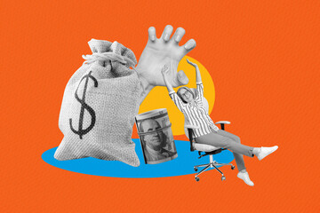 Sketch image sketch 3d collage poster of happy inexperienced old businesswoman sit chair hand...