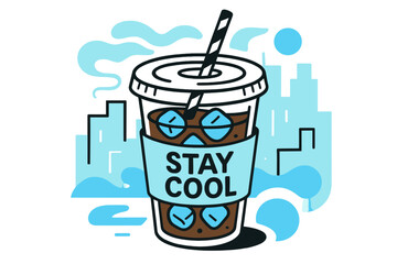 Modern Iced Coffee Art. Iced Coffee To-Go. A straw swirls through cube-studded coffee; sleeve reads ?Stay Cool.? Vapor-waves recede as the city shimmers in