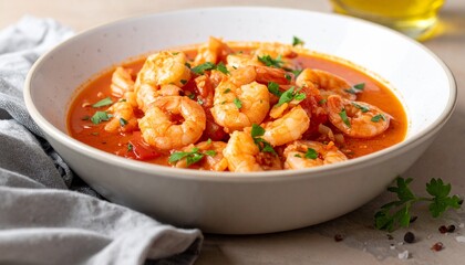 Fototapeta premium Zarte Garnelen in würziger, heißer Tomatensauce, verfeinert mit Knoblauch und Zwiebeln