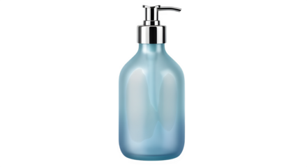 Frosted blue glass soap dispenser with chrome pump isolated on transparent background