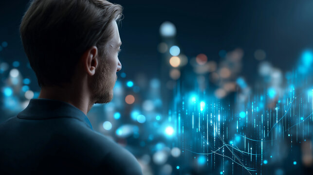 Cybernetically enhanced financial faceless analyst visualizing digital currency trends in futuristic cityscape, defocused augmented reality economics, cyberpunk data analysis, with - Powered by Adobe