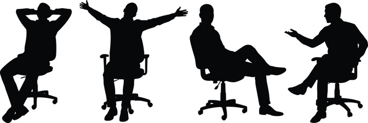 Office chair body language icon set, black silhouette illustration of seated posture, gesture, and workplace communication concept graphic ©  BAKKOR