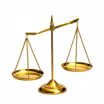Golden balance scales, one side tipped up, on white background