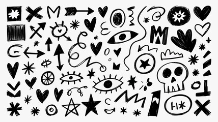 Black and White Doodle Icons Set with Skulls, Hearts, and Arrows