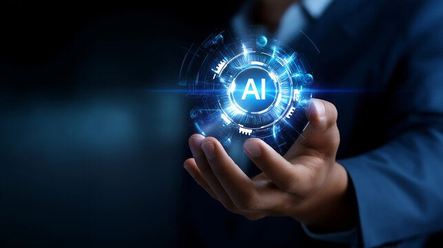 Artificial intelligence SEO optimization and digital marketing visualization with glowing AI icons, automated strategy tools, futuristic interface, with copy space - Powered by Adobe