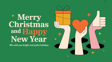 Festive Holiday Greeting Card with Gift and Heart Hands © Raian