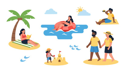 Relaxing Vacation Scene with People Engaged in Beach and Water Activities