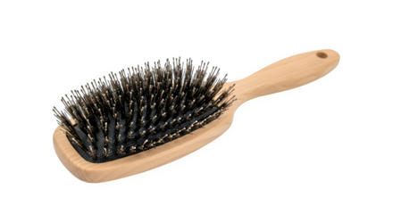 Wooden hair brush with natural bristles for styling and detangling hair isolated on transparent background