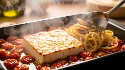 Grilled fish with pasta and cherry tomatoes on a baking sheet with steam