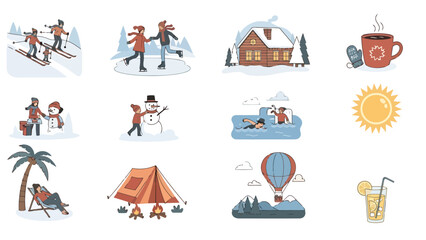 Relaxing outdoor summer activities at the beach and countryside with leisure equipment and nature scenery