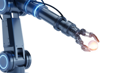 Futuristic robotic arm holding a glowing sphere, isolated on transparent background