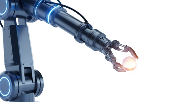 Futuristic robotic arm holding a glowing sphere, isolated on transparent background - Powered by Adobe