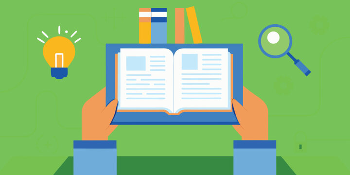 Open book lightbulb and magnifying glass representing knowledge and learning concepts