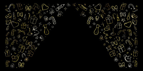 A whimsical doodle illustration of christmas elements on a black background